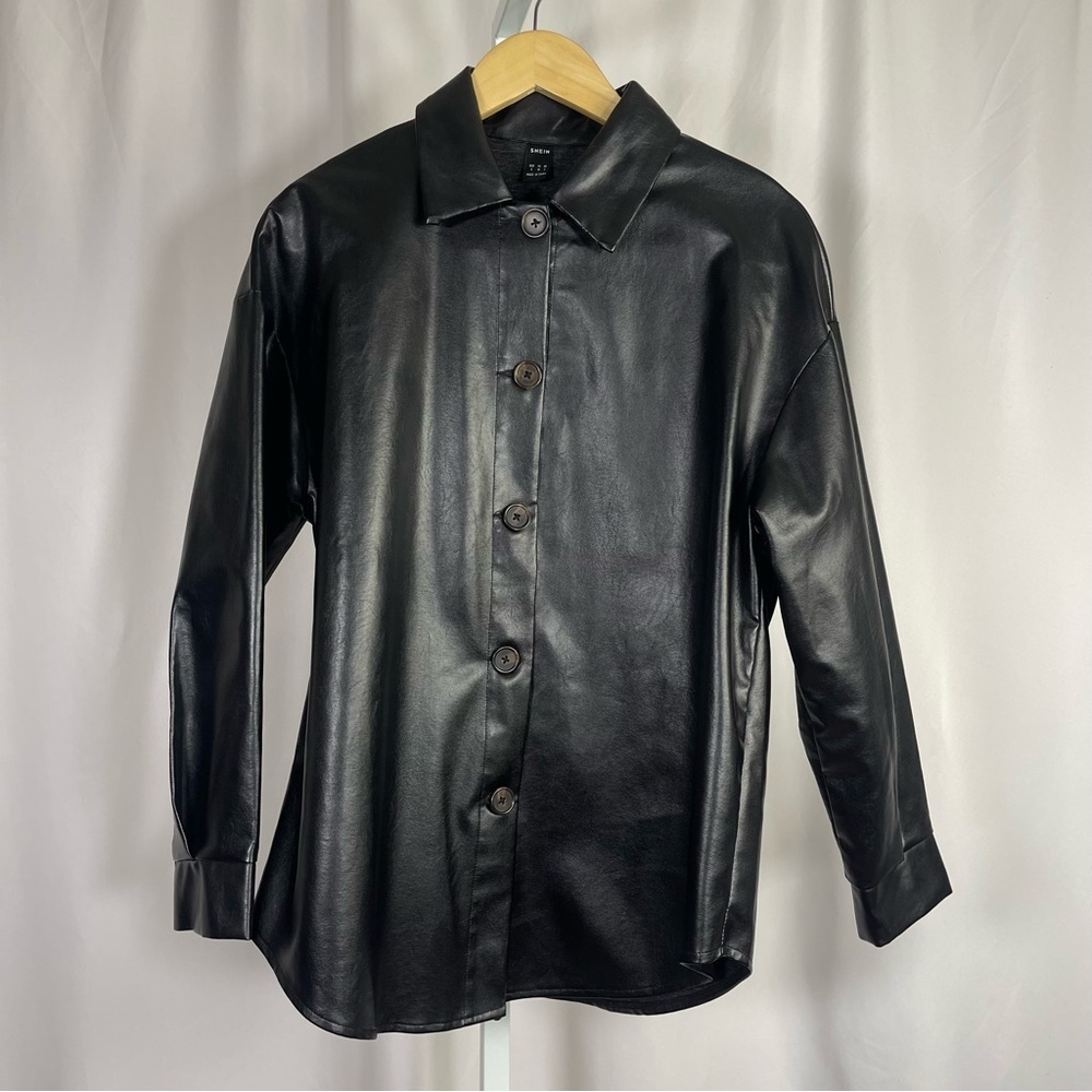 SHEIN Small Faux Leather Button Jacket Retro Classic Classy City Style Collared
